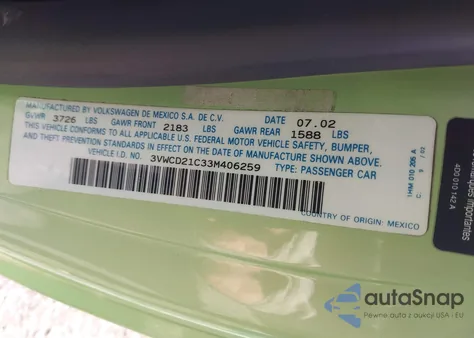 2003 Volkswagen New Beetle Gls 1.8T z USA, uszkodzony, nr VIN 3VWCD21C33M406259